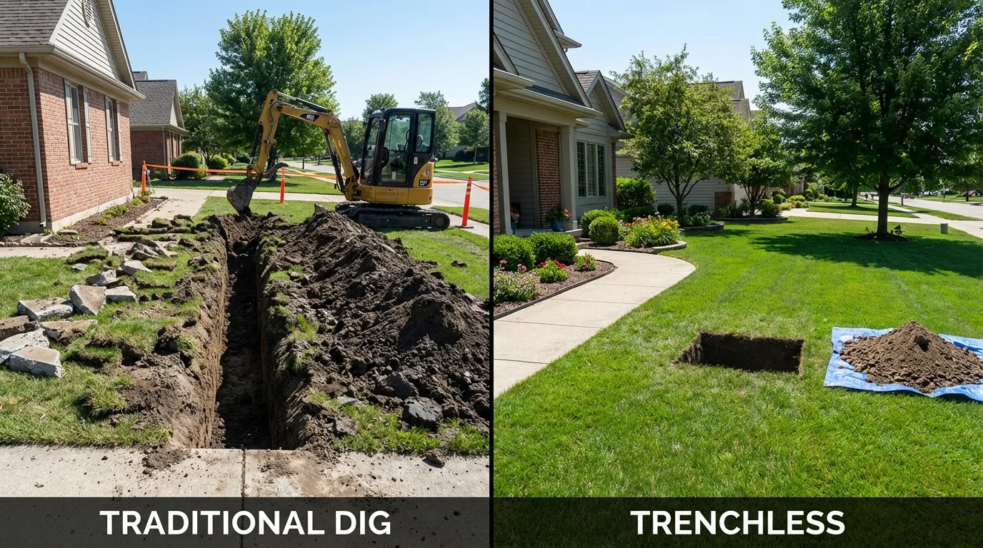 Trenchless sewer repair with minimal yard damage versus traditional excavation in Sparta, MI