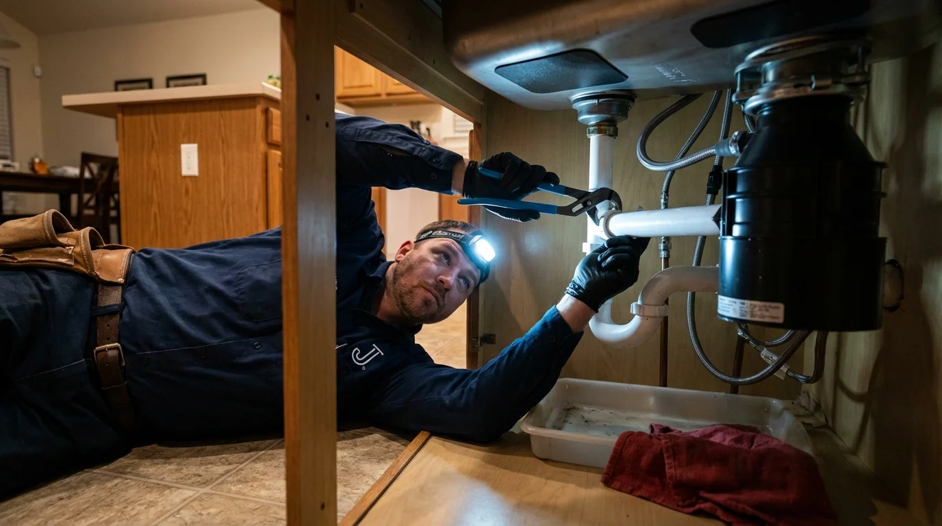 P-trap and supply line connections under a kitchen sink showing a common leak point in Sparta, MI